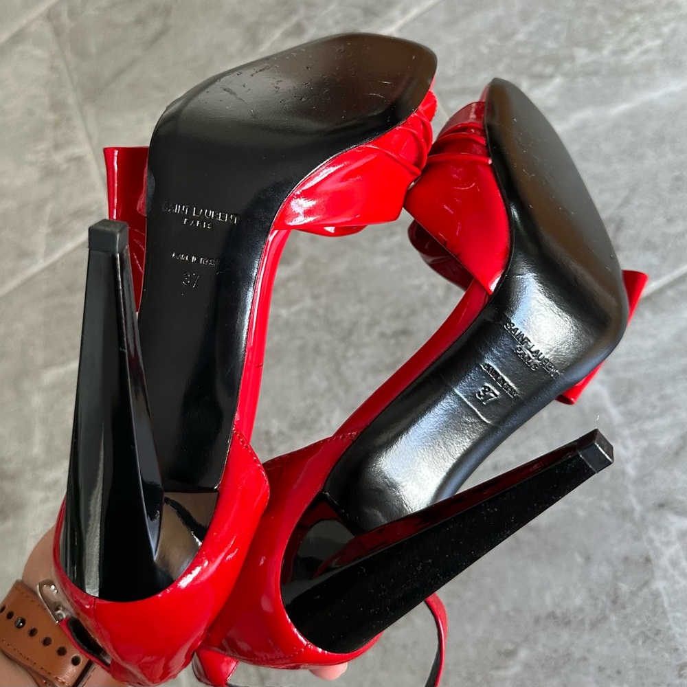 Saint Laurent Red Patent Leather Bow Ankle Strap Heels - Made in Italy - Size 37 - Picture 9 of 14